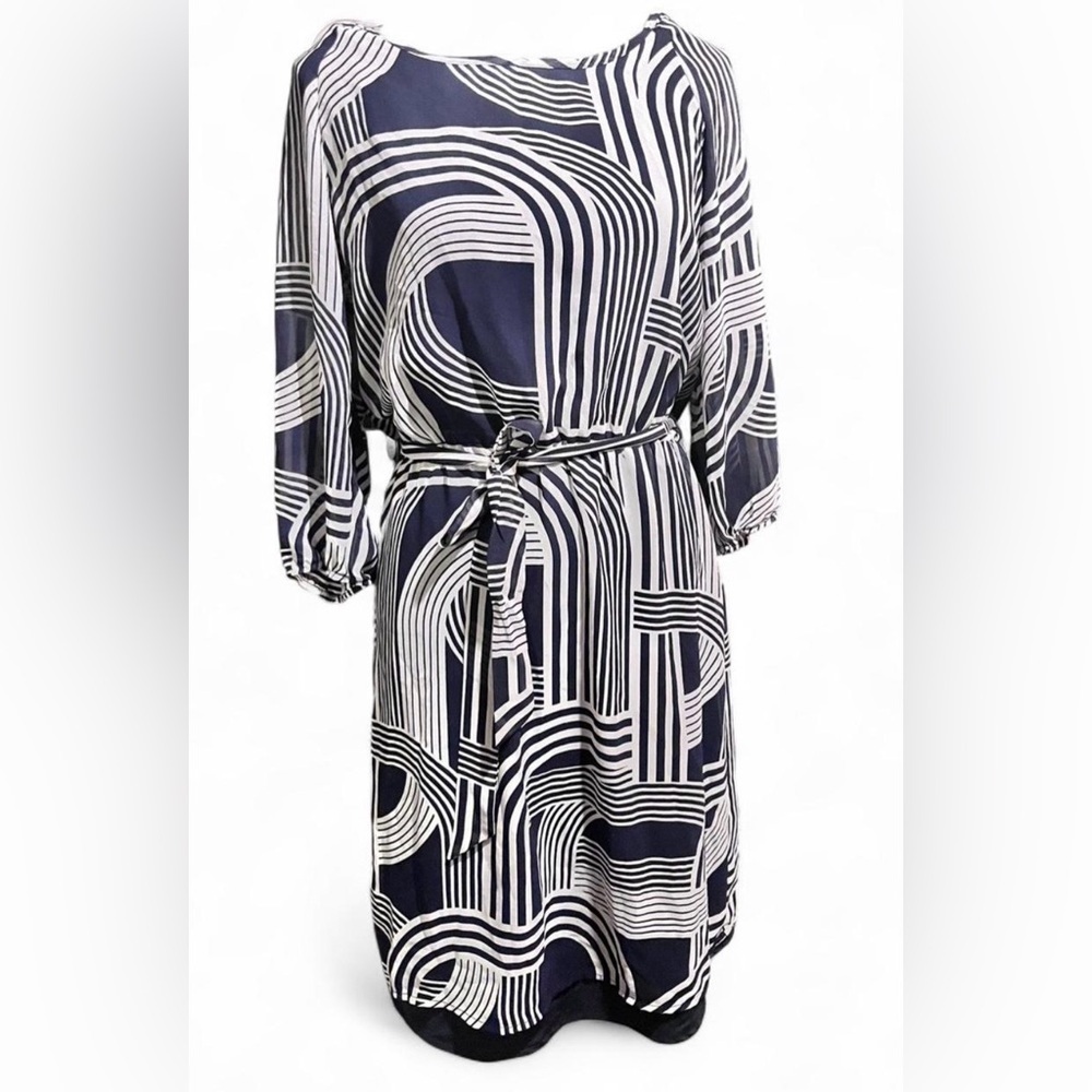 Navy & White Geometric Belted Women’s Dress